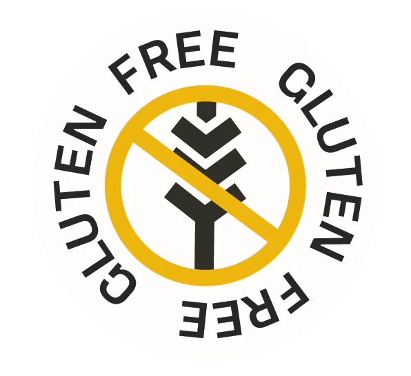 A circular Gluten Free label featuring a yellow border with black text. A wheat symbol is crossed out in the center, indicating that the product does not contain gluten.