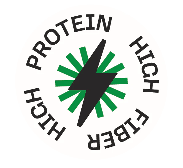 A circular emblem features a black lightning bolt over green, radiating stripes in the center. Encircling the design, the words HIGH PROTEIN HIGH FIBER are written in black, emphasizing nutritional benefits.