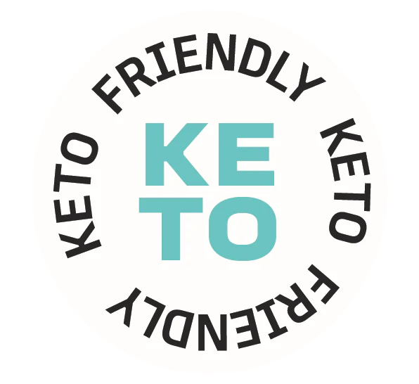 A circular logo with the words Keto Friendly repeated around the edge in black text. In the center, KETO is written in bold teal letters. The background is white.
