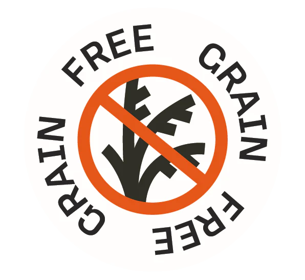 A circular logo with GRAIN FREE written on the border. Inside, theres a black grain symbol crossed out with an orange diagonal line, indicating a grain-free product.