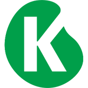 A bold black letter K on a green, irregularly shaped background, resembling a kidney bean.