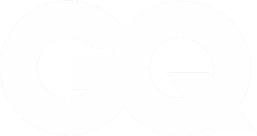 White GQ logo with bold, overlapping letters on a transparent background.