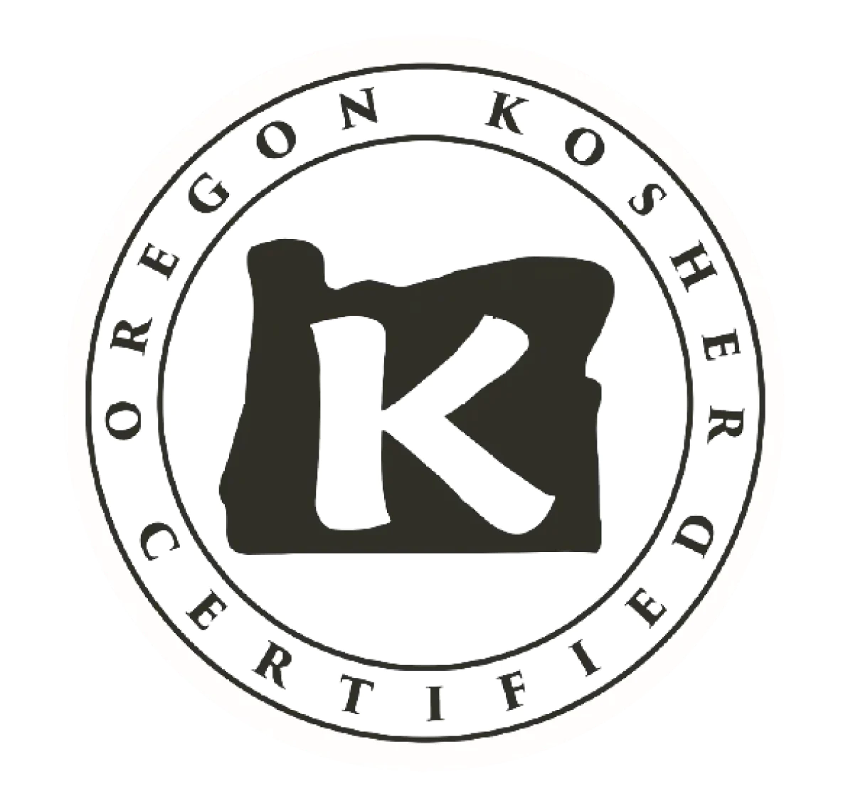 Circular logo of Oregon Kosher Certification. It features a large K centered within an outline of the state of Oregon. The words OREGON KOSHER CERTIFIED are framed around the outer edge.