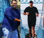 A side-by-side comparison shows the same man before and after weight loss. On the left, he is wearing a blue shirt and light pants, looking heavier. On the right, he is jogging, wearing a black outfit, appearing significantly slimmer.