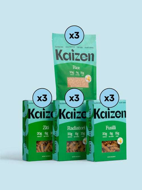 Three boxes and a bag of Kaizen Food Companys Best Seller Pack, featuring Low Carb Ziti, Radiatori, Fusilli, and Rice, are displayed on a light blue background. Each item has an x3 in a blue circle to show quantity.