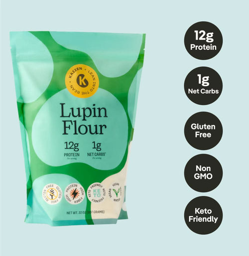 The Kaizen Food Companys Lupin Flour - 2lbs package is green and teal, highlighting its benefits: 12g plant protein, 1g net carbs, gluten-free, non-GMO, and keto-friendly. Circular icons on the right side make each feature easy to see.