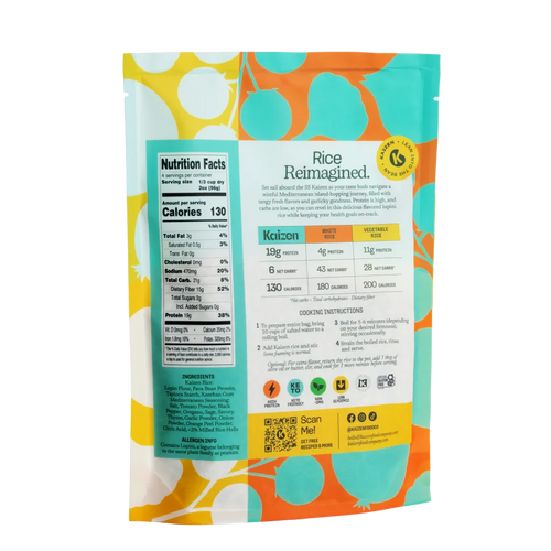 The back of the vibrant ShredHappens Bundle package by Kaizen Food Company displays nutritional facts, cooking instructions, and contact information on a colorful background with abstract yellow, blue, and orange patterns featuring circles and leaves. Discover low-carb meal tips.