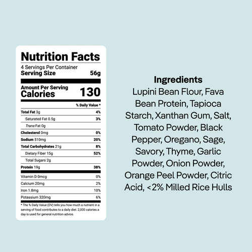 The ShredHappens Bundle by Kaizen Food Company includes a nutrition label highlighting a low-carb 56g serving size with 130 calories. Ingredients feature lupini bean flour, spices, and various powders, with some percentages provided.