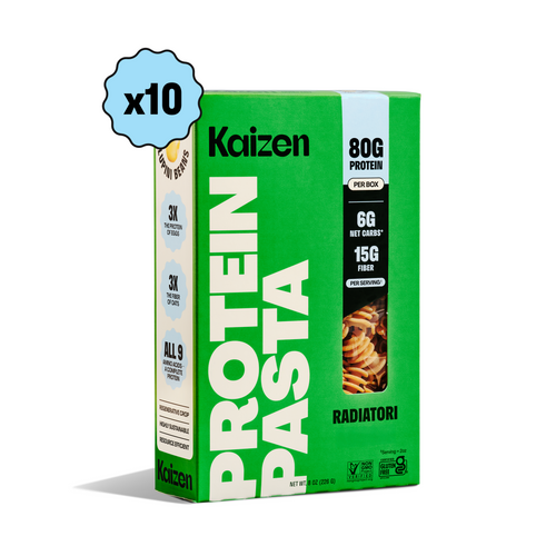 A ten-pack of Kaizen radiatori high protein pasta boxes, each highlighting 80g of protein, 6g net carbs, and 15g of fiber per serving.