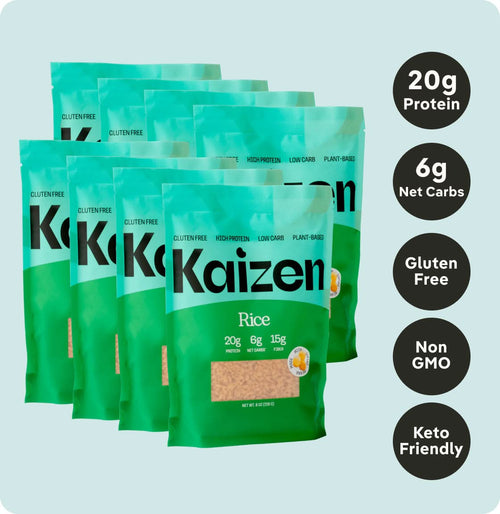 Kaizen Food Companys Low Carb Rice in green packaging is shown on a light blue background, with features like 20g high protein, 6g net carbs, gluten-free, non-GMO, and keto-friendly highlighted in dark circles—ideal for plant-based, low carb seekers.