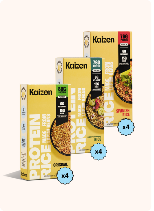Three boxes of Kaizen gluten-free lupini bean rice in Original, Mediterranean, and Spanish flavors, each labeled with a x4 icon.
