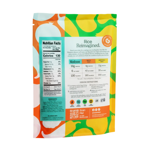 The Ultimate Value Pack by Kaizen Food Company features a vibrant orange, green, and white design with Rice Reimagined atop. This low-carb blend includes nutritional facts, ingredients, and cooking instructions for meal perfection.
