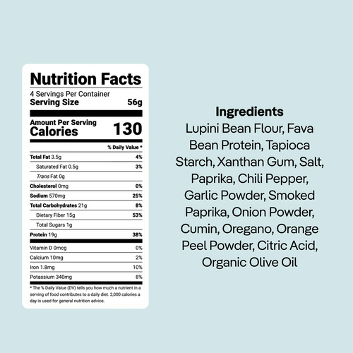 The Ultimate Value Pack label by Kaizen Food Company features nutrition facts for a 56g serving of low-carb fusilli, detailing calories, fats, sodium, carbohydrates, and protein. Ingredients: lupini bean flour, fava bean protein, spices, and seasonings.