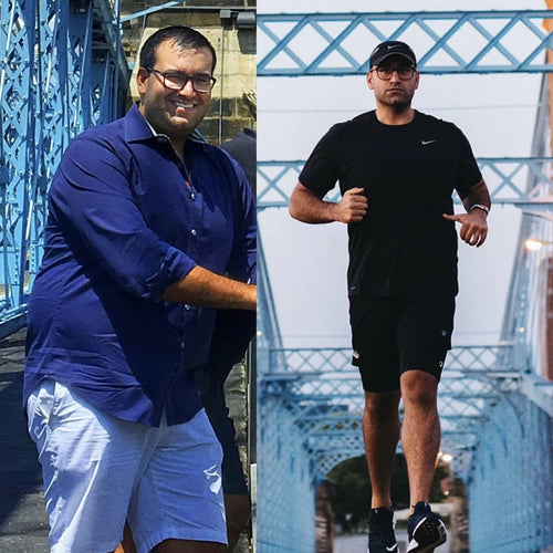 A side-by-side comparison shows the same man in different poses. On the left, he is wearing a blue shirt and light shorts, appearing heavier. On the right, he is jogging in a black outfit, looking fitter and slimmer. The background is a blue bridge in both images.
