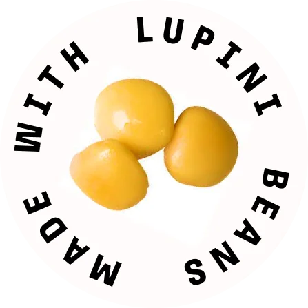 Three yellow lupini beans are centered within a circular text that reads MADE WITH LUPINI BEANS in black capital letters. The background is white.