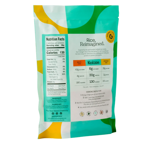 A vibrant Ultimate Value Pack from Kaizen Food Company features a rice alternative with nutrition facts, showing 130 calories per serving. The low-carb pack highlights 13g of carbs and 6g of protein, with the slogan Rice, Reimagined and preparation instructions at the bottom.